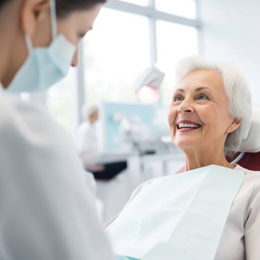 Senior woman smiling at dental team member