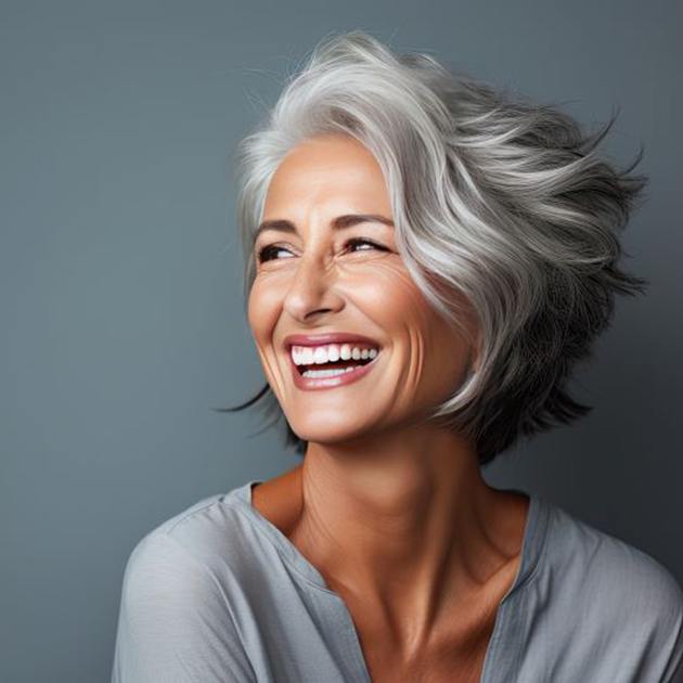 Portrait of happy, gray-haired woman with attractive teeth