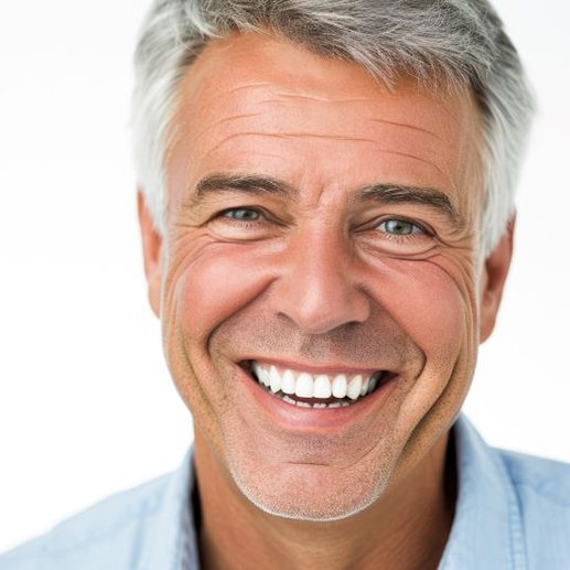 Close-up portrait of smiling older man with perfect teeth